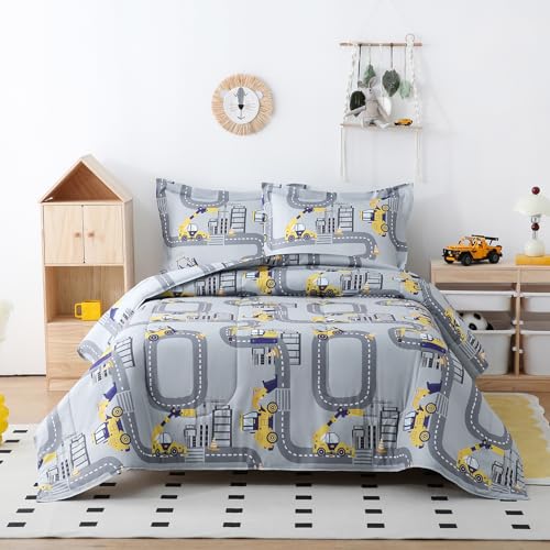 Image of Yibeizi Truck Full Comforter for Boys Cute Grey Car Bedding Set