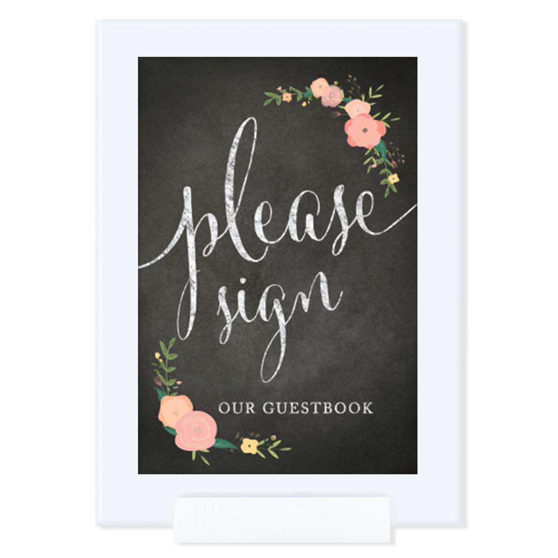 Andaz Press Framed Wedding Party Signs, Chalkboard Floral Roses Print, 4x6-inch, Please Sign our Guestbook, 1-Pack, Includes Frame