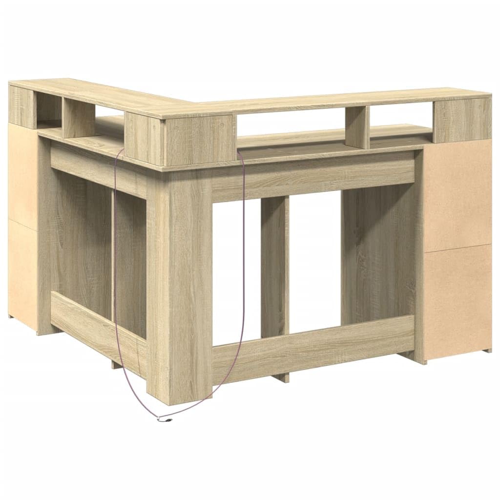 Homgoday Biurko z diodami LED, dębowe Sonoma 130 x 130 x 91 cm, z płyty wiórowej, meble biurka, półki, biurko komputerowe, biurko, biurko do gier, do pokoju dziecięcego