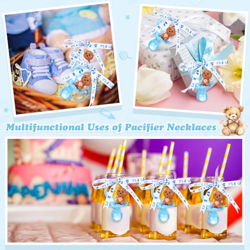 Image of Coume 36 Pcs Baby Shower Pacifiers Necklace Cute Bear Bottle Acrylic Pacifiers Necklaces for Baby Shower Games Guests Gender Reveal Party Favors Prize Decorations DIY (White,Blue,Cool)