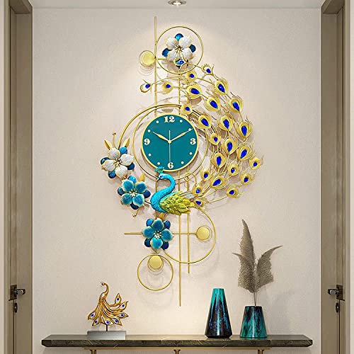 Grande horloge murale paon en métal de prestige pour décoration intérieure