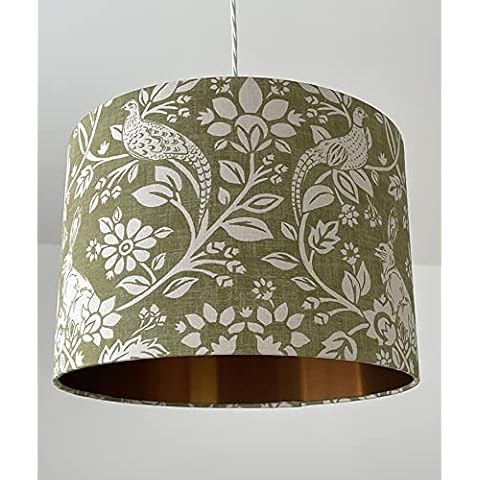 Moss Green Hare Pheasant Copper Drum Lampshade Cover