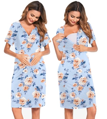 Image of Ekouaer Nursing Nightgown Striped Women Short Sleeve Breastfeeding Sleep Dress Maternity Delivery/Labor Gown