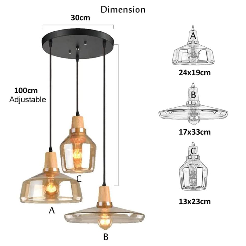 Lámpara colgante de 3 luces, lámpara de techo E26 de cristal ámbar nórdico, montaje empotrado para comedor sobre mesa, iluminación de vestíbulo de madera, luces colgantes para iluminación de isla de