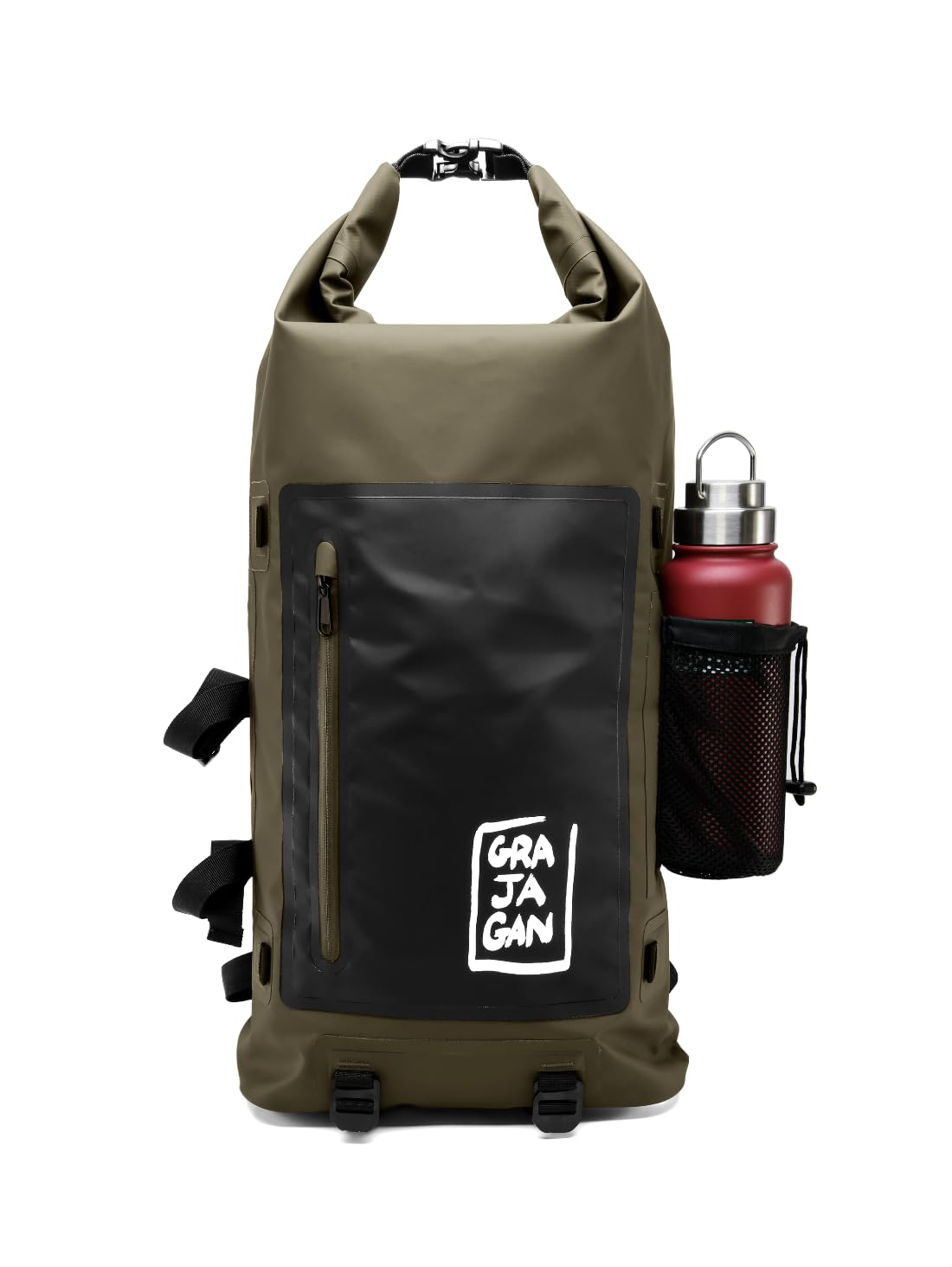 GRAJAGAN sac à dos sport surf 30 L, noir kaki, grand compartiment, poche zippée avant, usage quotidien et activités outdoor