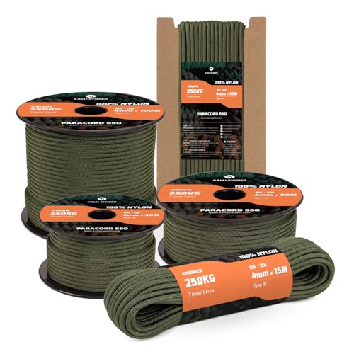 Kamu Synber 550 Paracord 4mm 10m Corda Paracord 7 Fili Tipo 3 Nylon Corda Paracadute per Sopravvivenza, All'aperto, Campeggio | Supporto 250kg | Verde Militare