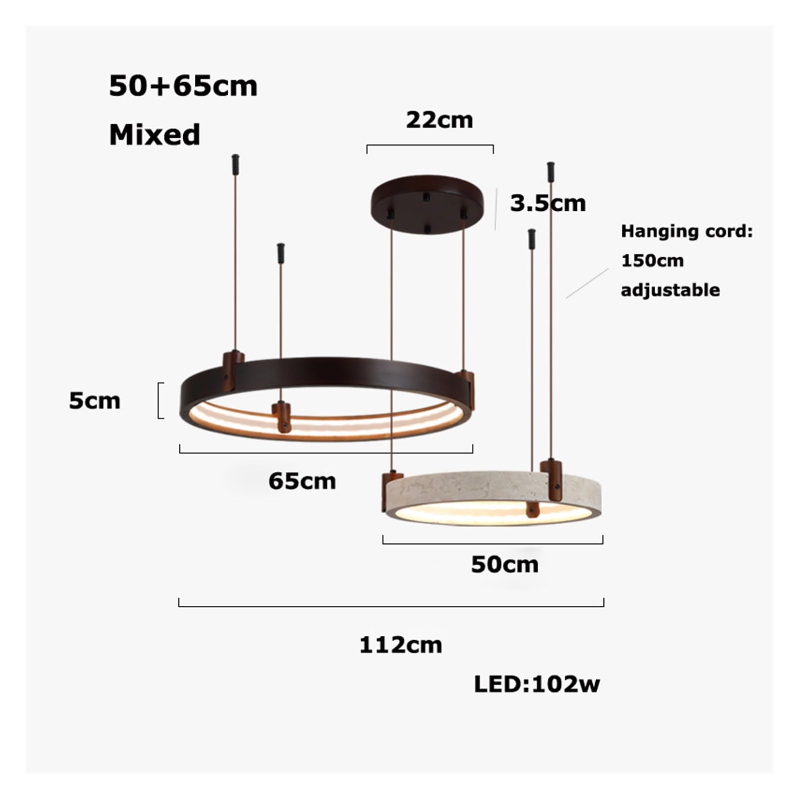 Żyrandol z naturalnego kamienia i drewna z pierścieniem 40-65 cm LED 2025, oświetlenie wiszące do jadalni, holu i salonu (neutralny, 2 pierścienie 50-65 cm).