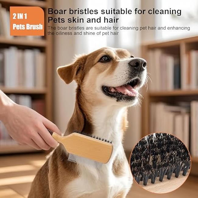 2 IN 1 Pin And Boar Bristle Brush for Dogs & Cats, Shedding Grooming Dog Brush for Short Haired Dogs, Cats, Pets with Beech Wood Rubber Handle-mvCWWQHS