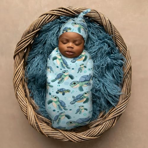 Image of Baby Sea Turtles Newborn Swaddle Blankets Hat Sets Soft Baby Receiving Blanket Swaddle Sack for Baby Shower Infant Boy Girl Gift