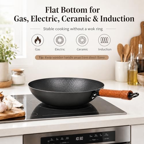 Image of WANGYUANJI Carbon Steel Wok Pan with Lid, 12.6 Inch Flat Bottom Wok for Induction, Gas & Electric Stoves, Chinese Stir Fry Pan with Detachable Wooden Handle