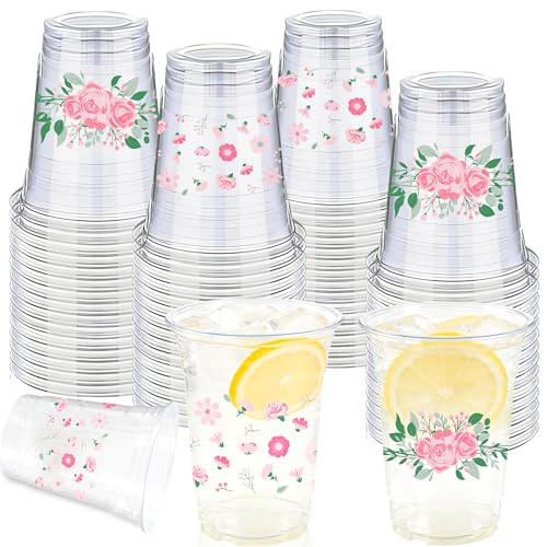 CUPLOOV 50 Pieces Floral Plastic Cups 16 Oz Floral Clear Disposable Cups Bulk Flower Plastic Drinking Cup for Spring Summer Party Favor Flower Birthday Wedding Party Supplies