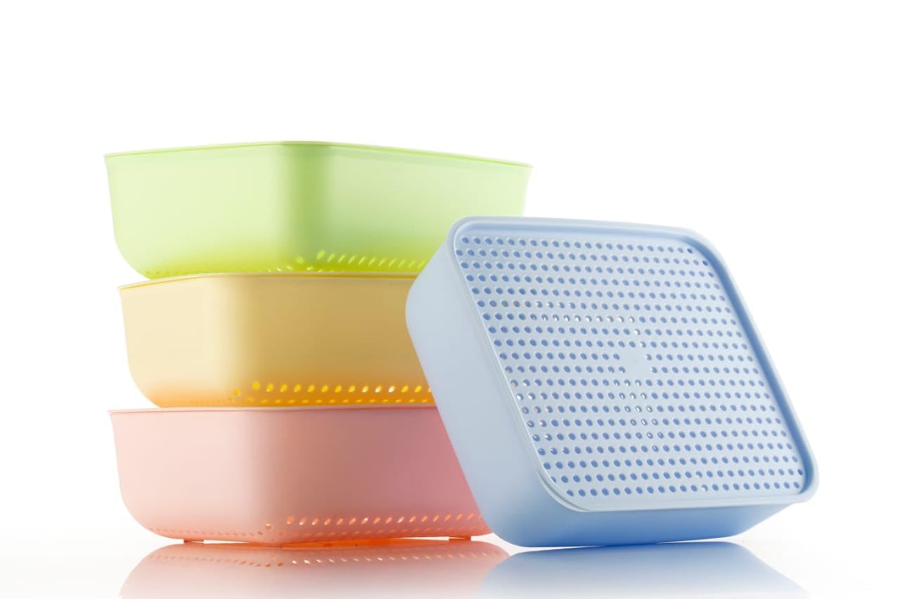 Multi Storage Basket with Lid Plastic Storage Container Fridge Organizer Basket for Vegetables Fruits Cosmetics Bathroom Office Storage Box (Multicolor |Set of 4)-image-1