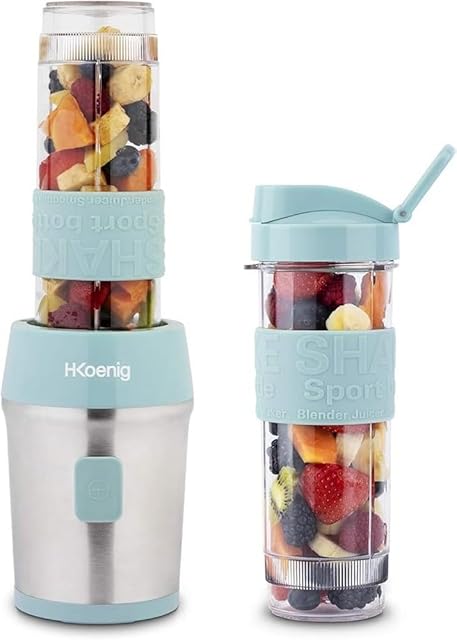 H.Koenig Smoo16 urządzenie do robienia smoothie, obudowa ze szczotkowanej stali nierdzewnej, 4 ostrza ze stali nierdzewnej, 570 ml, pastelowy niebieski