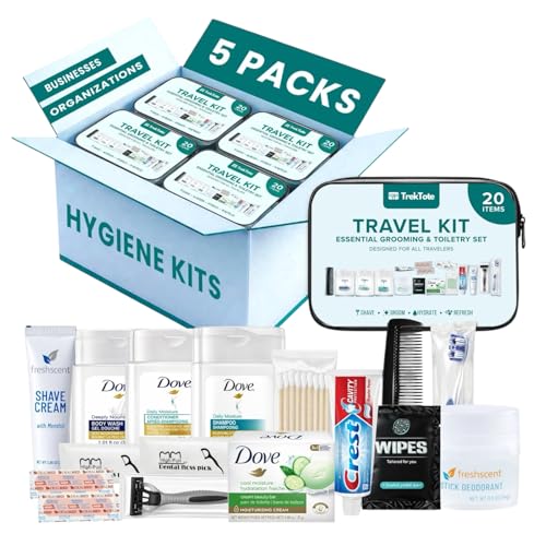 TrekTote 5 Pack Unisex Bulk Hygiene Kits 20-Piece Premium Brand-Name Travel Size Toiletries TSA Compliant Pre-Assembled for Shelters Schools & Giveaways