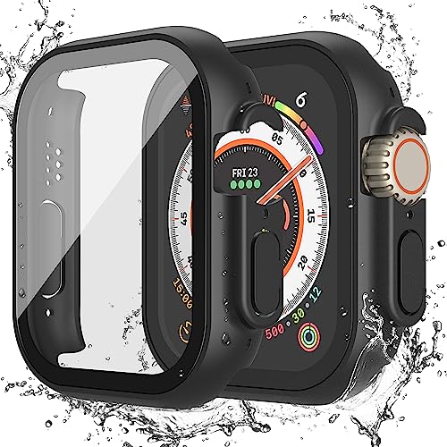 Image of Misxi [2 Pack] Waterproof Case with Button Designed for 49mm Apple Watch Ultra 2 / Ultra, Anti-Fall Protective Hard PC Cover with Tempered Glass Screen Protector for iWatch, Matte Black