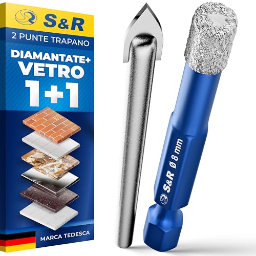 S&R SET DI 2 PUNTE TRAPANO DIAMANTATA E VETRO PROFESSIONALI ➤Set di 2 punte per trapani, con 1 punta diamantata per piastrelle di 6mm e 1 punta in metallo duro 6 mm (NON ADATTE AL GRES) per la preforatura. Perfette per forare in modo pulito e preciso materiali duri come piastrelle, ceramica, granito, vetro, porcellana, marmo e gres porcellanato. Una scelta ideale per gli amanti del fai da te e i professionisti più esigenti.