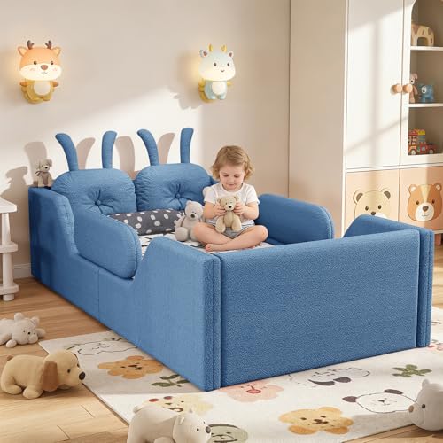 Image of Twin Size Kids Floor Bed Frame, Upholstered Montessori Platform Bed W /Removable Rails Cute Daybed Frame for Girls Boys, No Box Spring Required,Blue