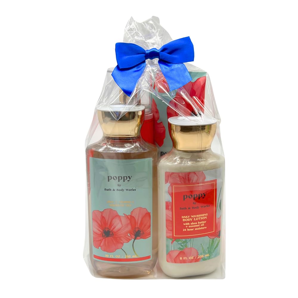 Bath & Body Works POPPY 4-Piece Deluxe Gift Set with a Blue Bow for Holidays & Gifts - Body Lotion, Shower Gel, Body Cream and Fine Fragrance Mist - Full Size