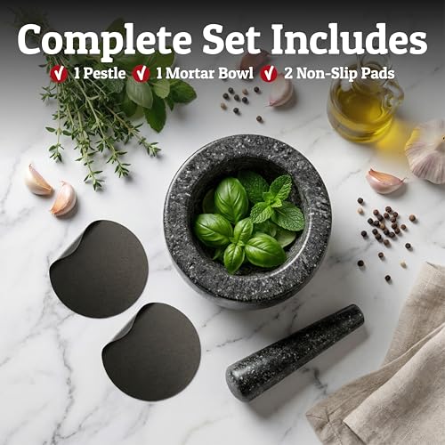 Priority Chef Heavy Duty Large 2 Cup Mortar and Pestle Set,100% Granite, Non Slip Base, Make Fresh Guacamole, Salsa, Pesto, Stone Grinder Bowl, Herb Crusher, Spice Grinder, 6.3 Inch Size, Black - Image 6