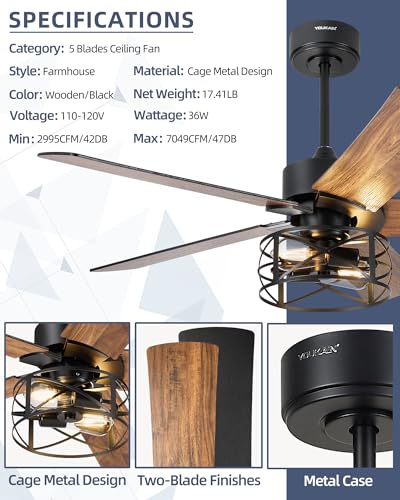 Image of YOUKAIN 48-Inch Farmhouse Ceiling Fan with Lights and Remote, Matte Black