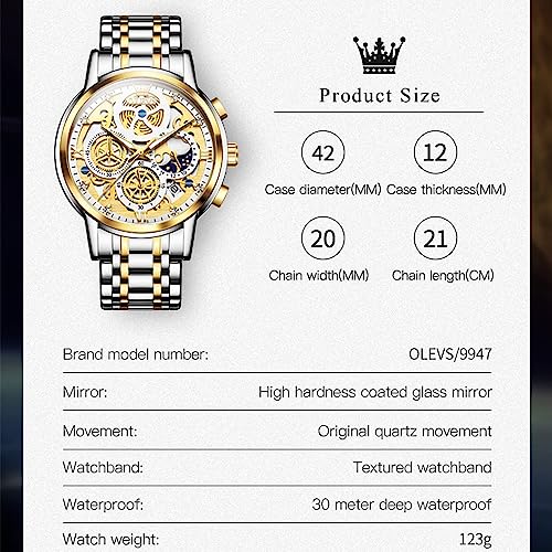 Image of OLEVS Skeleton Watch for Men Stainless Steel Chronograph Watch for Men Classic Waterproof Mens Watches with Date Luxury Business Men's Analog Wrist Watches, relojes para Hombres Blue /Black /Gold /White