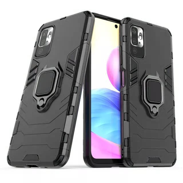 Image of WOW IMAGINE Shock Proof Back Case Mobile Cover for Xiaomi Redmi 10T 5G | Back Cover Case (Tough Armor | Hybrid PC + TPU | Ring Holder & in-Built Kickstand | Black)