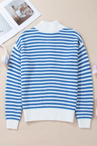 Women's Sky Blue Stripe Zip-Up Collar Drop Shoulder Sweater4