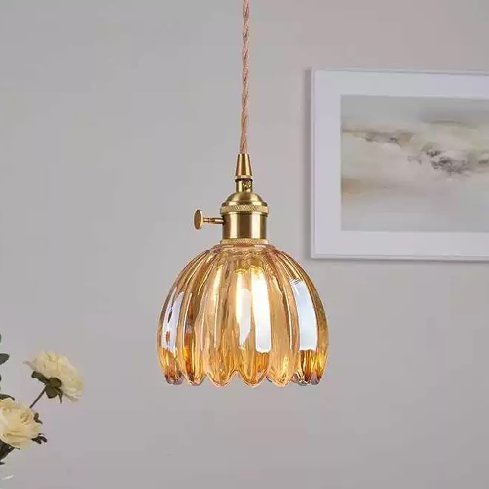 FEITENGDA Modern Nordic Tulips Glass Pendant Light Brass Socket Flower Shaped Pendant Light with Rotary Switch Adjustable Cord Chandelier for Kitchen Island Bedroom(Amber)