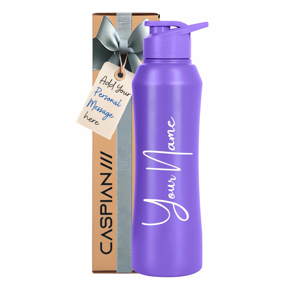 Caspian Trek Customised Stainless Steel Water Bottle 1L, C Violet with Logo Print - Personalised Water Bottle with Your Name Print for Kids Boys Girls School Office Gym- Perfect for Corporate Gifting