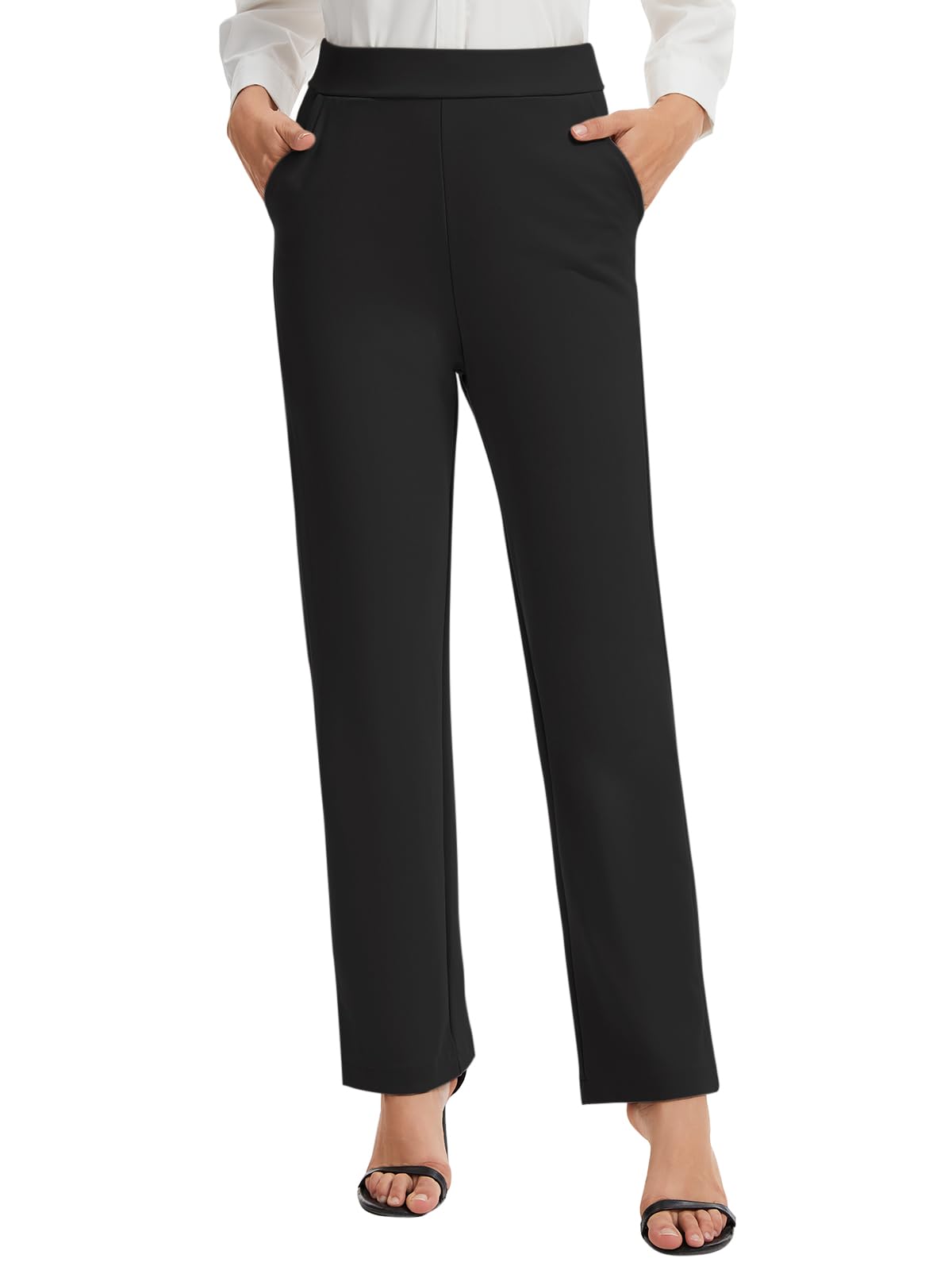 Womens Ponte Pull-On Straight Leg Dress Pants Elastic Waistband with Side Pockets