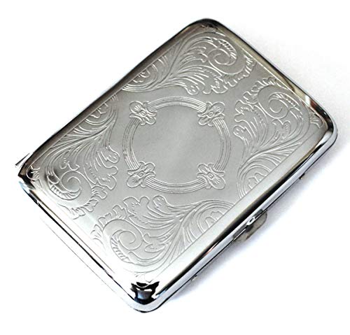 Classic Metallic Silver Color Double Sided King Cigarette Case Etched Design - Shorter than 100's