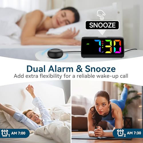 Image of Netzu Loud Alarm Clock for Heavy Sleepers, Plug-In RGB Vibrating Alarm Clocks with Bed Shaker, 5 Dimmers, 2 Alarms, 4 Volumes and Snooze for Adult Rooms(Black)