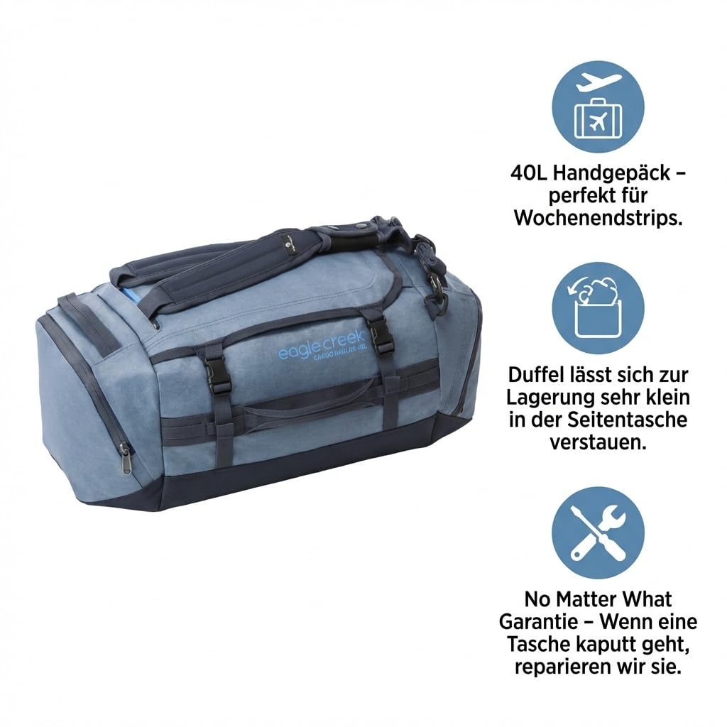 Eagle Creek Cargo Hauler Reisetasche 40L I Extrem robust & wasserabweisend I Duffel mit Rucksack-Tragefunktion für Reisen & Outdoor I 40L Volumen I Glacier Blue