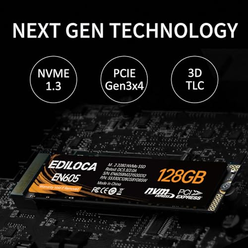Image of Ediloca EN605 128GB M.2 SSD, NVMe1.3 PCIe Gen3 x4 SSD Internal Hard Drive, M.2 2280 - Read /Write Speed up to 1130 /400 MB /s - Internal SSD Compatible with Laptop & PC Desktop