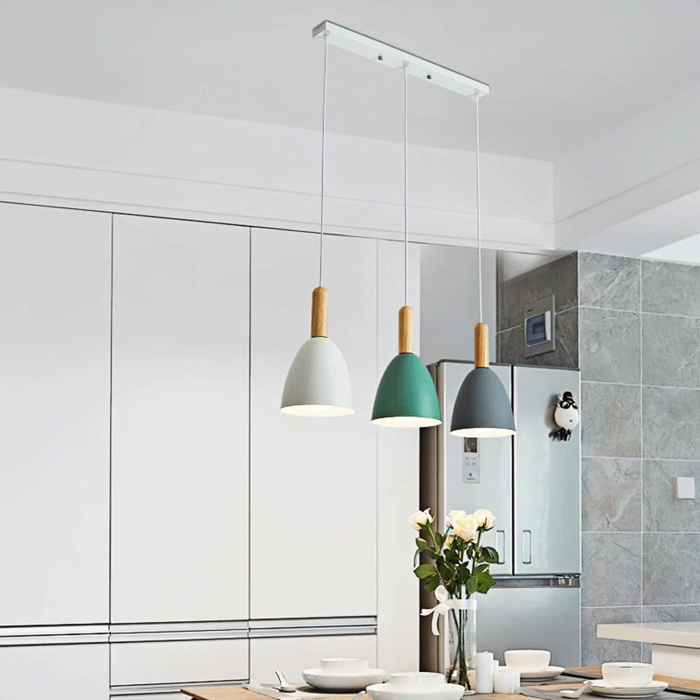 Genérico Lámpara Industrial Nórdica De 3 Luces Macaron Techo Madera Y Metal Para Cocina Isla Comedor Pasillo(White)