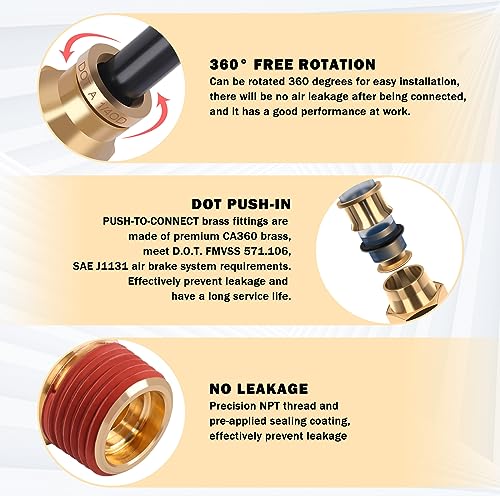 Image of CheeMuii 43 PCS Brass DOT Air Brake Line Fittings 1 /4 inch 3 /8 inch 1 /2 inch Push to Connect Fittings Quick Connect & NPT Thread Tube Air Hose Fittings Repair Kit for Truck or Industrial Air System