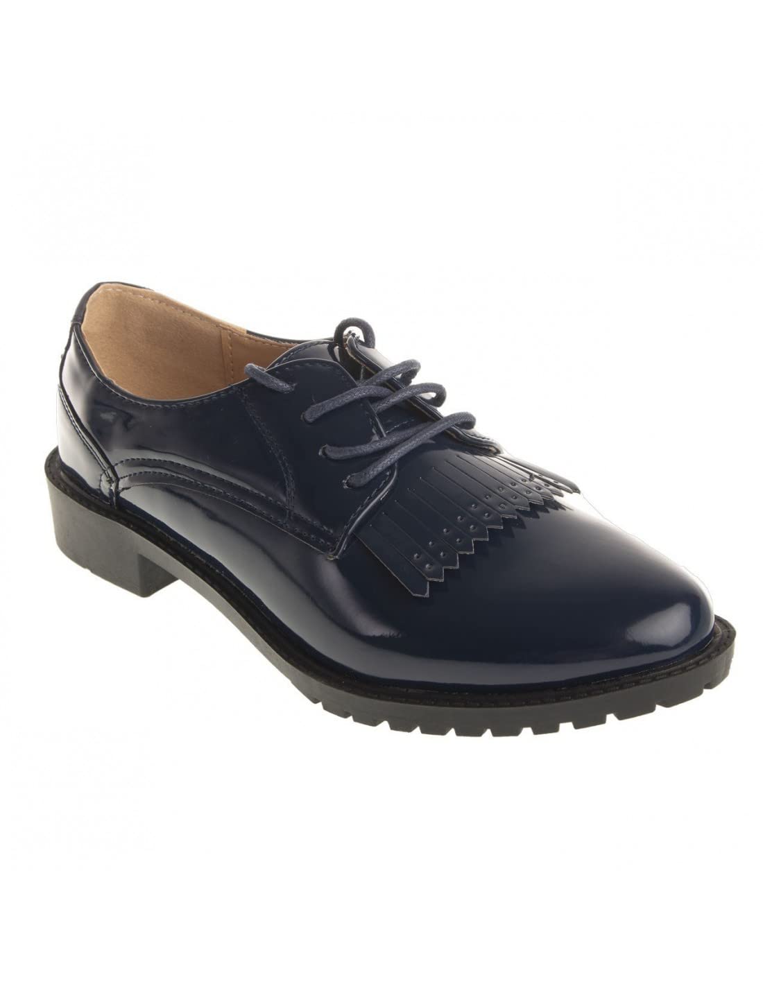 Derbies oxford vernies simili cuir femme à franges semelle intérieure cuir