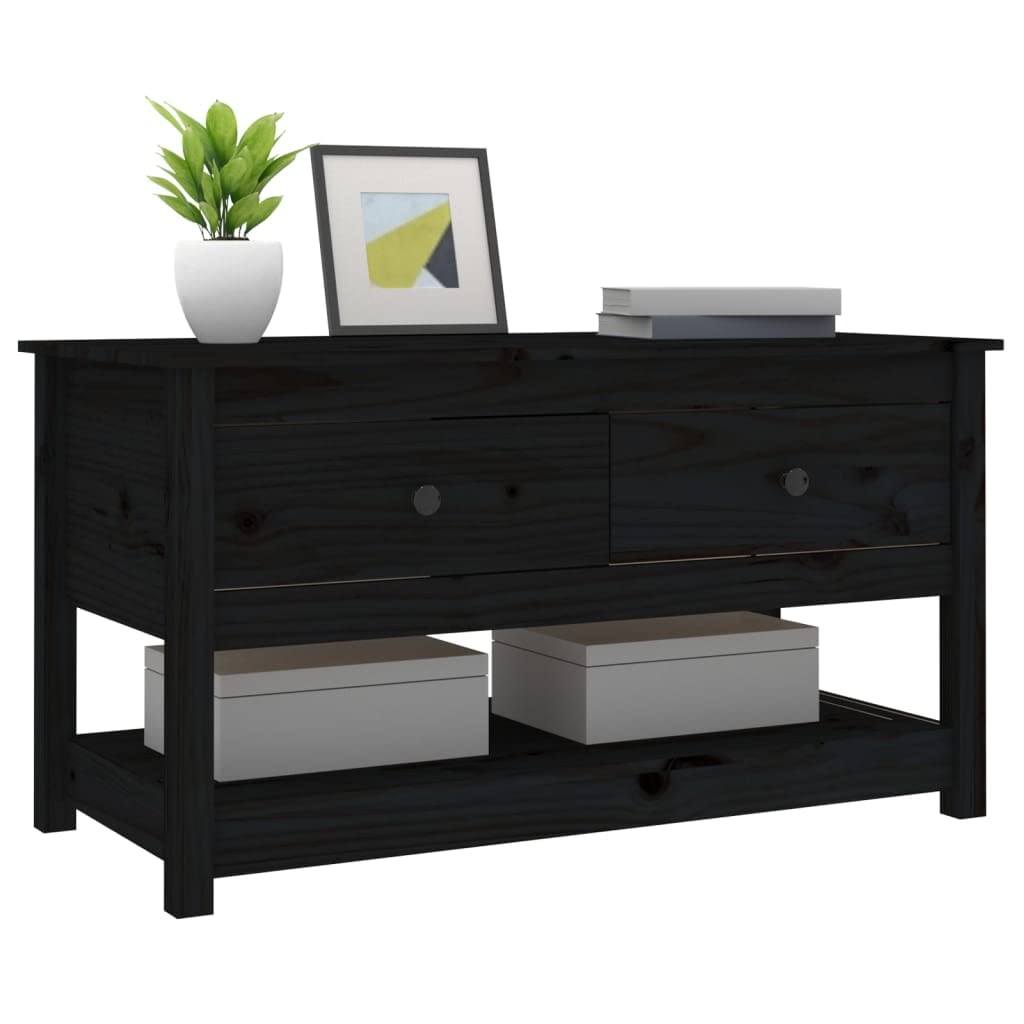 Mesa de centro negra 102 x 49 x 55 cm de madera maciza de pino diseño moderno con 2 cajones y estante abierto, mesa auxiliar robusta para salón, dormitorio y oficina