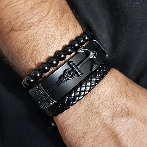 Pulseiras De Couro Masculina Ancora Preta Kit C/03