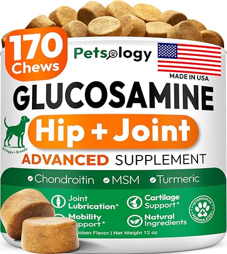 Petsology Glucosamine for Dogs - Hip and Joint Supplement for Dogs - 170 Mobility Chews - Glucosamine Chondroitin - MSM - Turmeric - Joint Pain Relief - Advanced Support for Dog Health - Made in USA