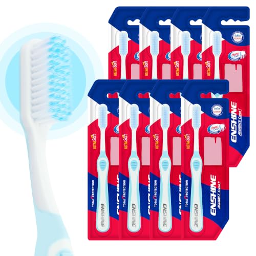 Image of Enshine Advance Clean+ Soft Toothbrush for Adults - Pack of 8 | Ultra Soft Tapered PBT Bristles | Tooth Brush Set with Non-Slip Grip | Manual Toothbrushes for Sensitive Gums & Enamel | Color Blue