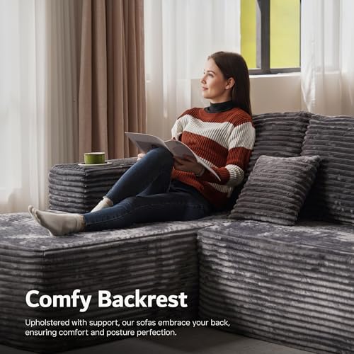 ovios Sectional Cloud Couch for Living Room, Modular Floor Sofa with Plush Corduroy, No Assembly Required, Big Comfy Couches Set with Fluffy Memory Foam, Stupendous U Shaped Sofas with Chaise, Grey