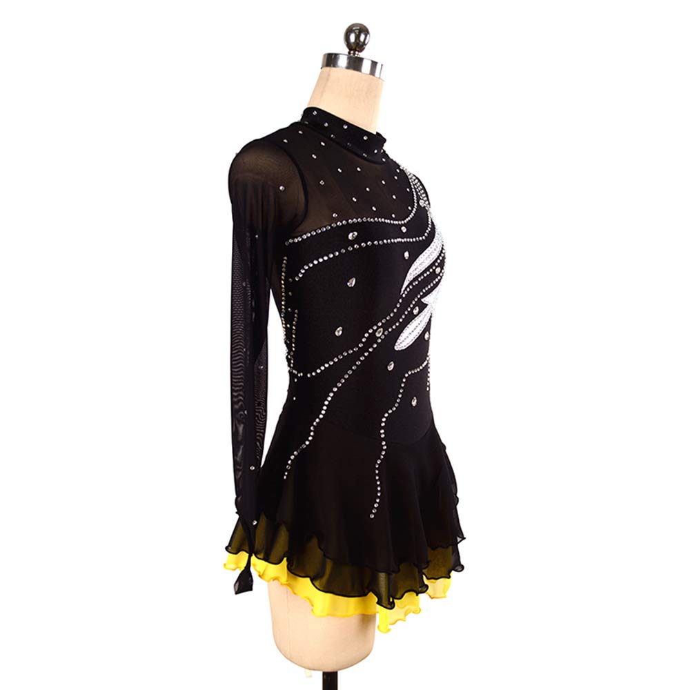 LIUHUO Vestido de patinaje artístico sobre hielo Falda de malla de diamante de manga larga Negro, Negro -, Medium