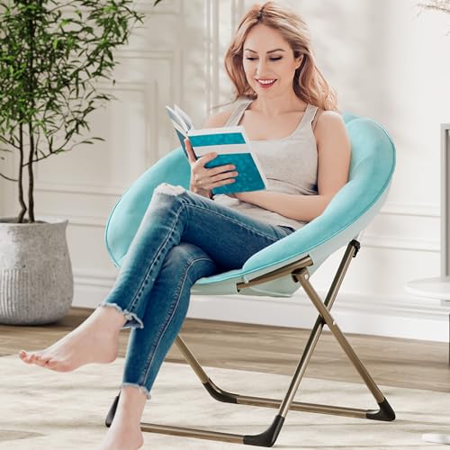 Saucer Chair, Comfy Chair Faux Fur Lounge Moon Chair with Folding Metal Frame, Oversized Plush Foldable Flower Accent Seat for Adults, Teens, Bedroom, Dorm or Living Room(2PCS, Blue)