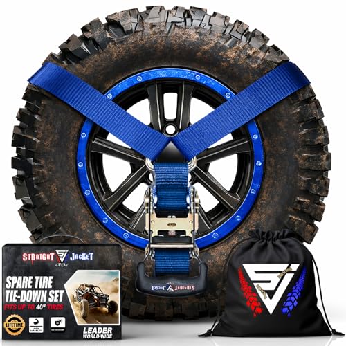 Y Strap for Spare Tire - Heavy Duty Spare Tire Strap for UTV, Offroad Accessories & Roof Rack, 3 Way Ratchet Strap Tie Down- 1.6" Wide, Can Secure Up to 40" Tire by Straight Jacket Crew (Blue)