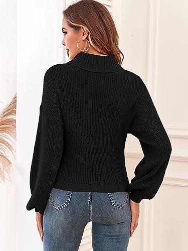 Image of ZAFUL Women's Cropped Turtleneck Sweater Lantern Sleeve Ribbed Knit Pullover Sweater Jumper