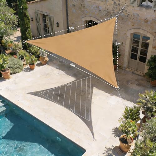 HAIKUS Sonnensegel 4x4x4m Dreieckig Premium HDPE UV Schutz Sonnenschutz Atmungsaktiv Wetterbeständig für Garten Balkon und Terrasse inkl Befestigungsseile Dreieck 4x4x4 Sand