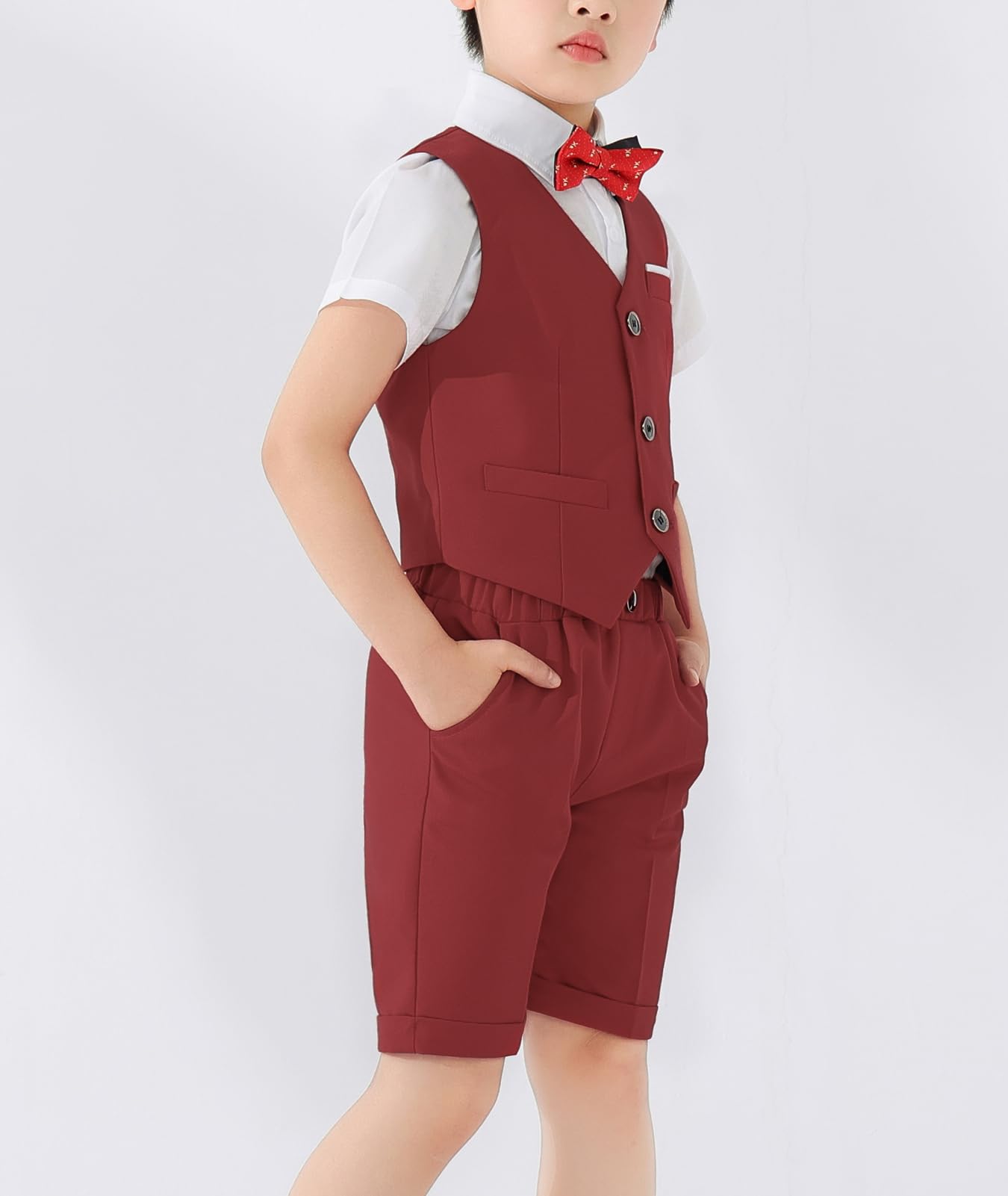 3/4-teiliges Kinder Junge Sommer Hochzeit Kinderanzug, Festliche Anzüge Outfit,Anzüge Weste, Kurzarm Hemd, Kurze Hose, Fliege