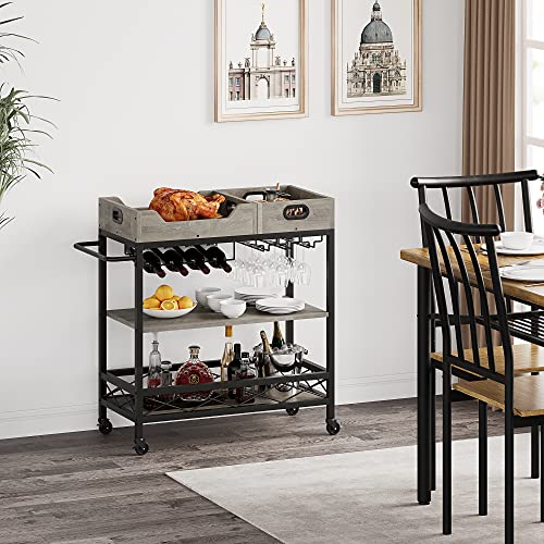Idealhouse 3 Tier The Home Grey Bar Cart With Wheels, Two Portable Trays, Wine Rack, Glasses Holder, Industrial Serving Cart For Kichen, Living Room, Dining Room #TOP3