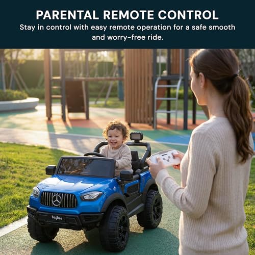 Image of Baybee BeastX Battery Operated Jeep for Kids with Parental Control | Baby Ride On Electric Car with RGB Lights, Music & Swing Mode | Rechargeable Battery Car for Kids 2 to 6 Years (Metallic Blue)